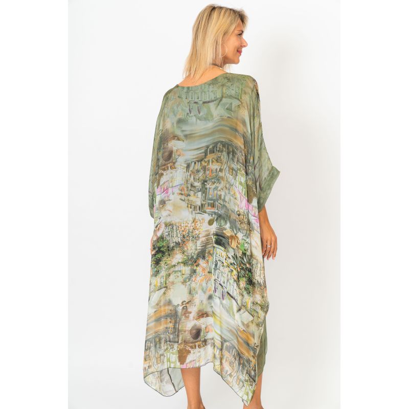 70s silk village print tie neck dress